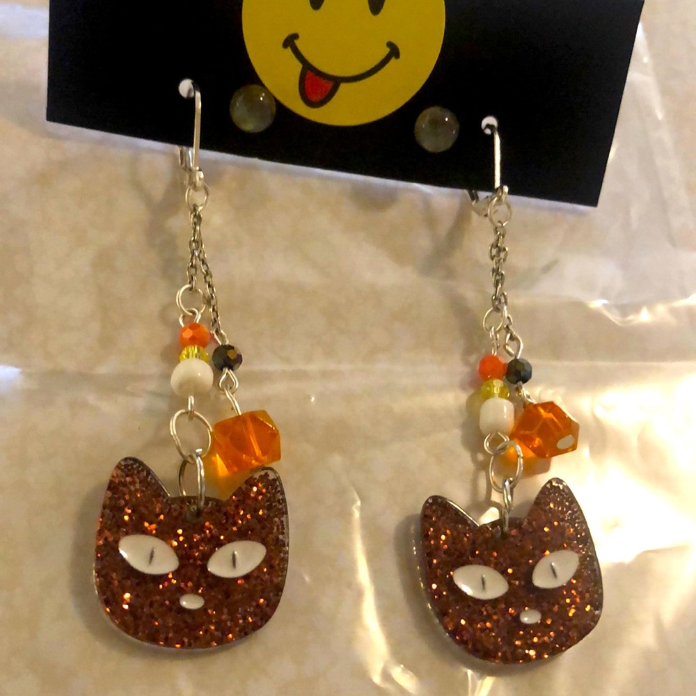 Orange glitter cat earrings and little Crystal Ball earrings handcrafted